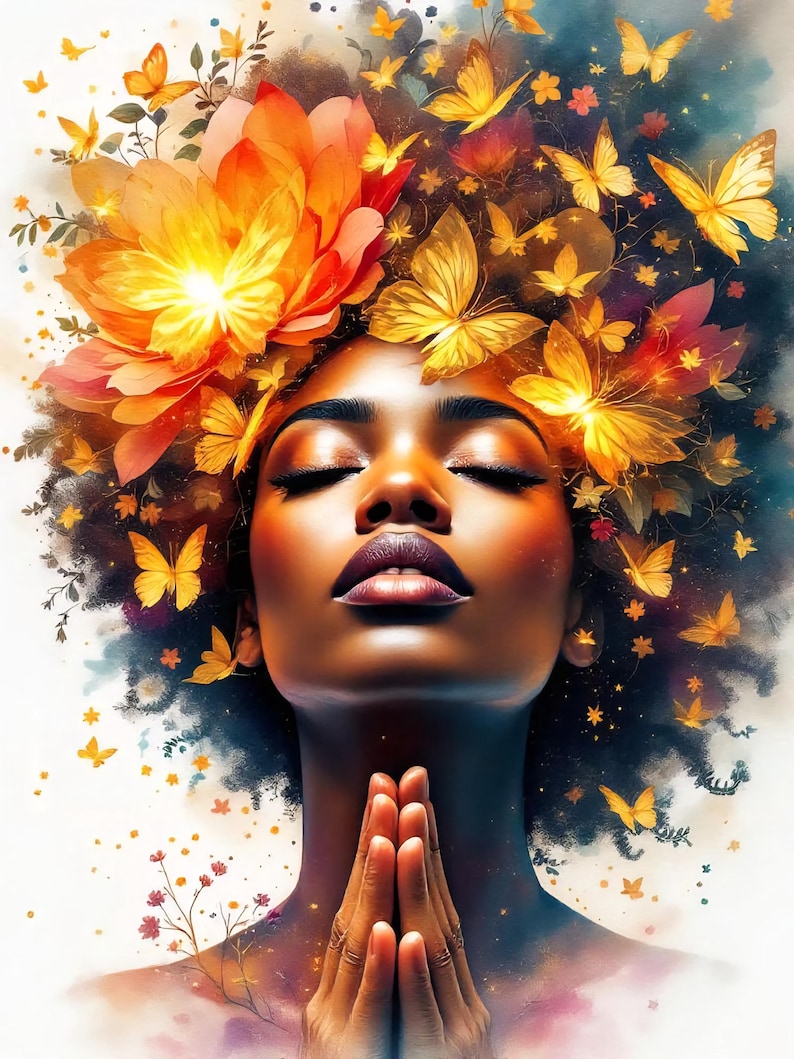 May include: Digital art portrait of a person with closed eyes, hands clasped in prayer, and a floral and butterfly crown. The artwork features warm tones of orange, yellow, and gold, with a dark background.