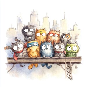 K&ouml;nnte beinhalten: Aquarellillustration einer Gruppe von Cartoon-Katzen in Superhelden-Kost&uuml;men, die auf einem Metalltr&auml;ger sitzen. Die Katzen haben verschiedene Farben und Ausdr&uuml;cke, mit einer Skyline im Hintergrund. Das Kunstwerk hat einen skurrilen und verspielten Stil.
