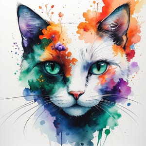 May include: A watercolour painting of a cat's face, featuring vivid colours. The cat has striking green eyes, a pink nose, and white fur. Splashes of orange, purple, and teal blend with the white fur, creating a colourful effect. Small floral accents add detail.