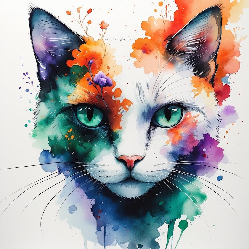 May include: A watercolour painting of a cat's face, featuring vivid colours. The cat has striking green eyes, a pink nose, and white fur. Splashes of orange, purple, and teal blend with the white fur, creating a colourful effect. Small floral accents add detail.