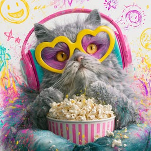 May include: A grey cat wearing yellow heart-shaped glasses and pink headphones, holding a striped popcorn bucket. The image features colourful paint splatters and doodles, creating a playful and artistic vibe.