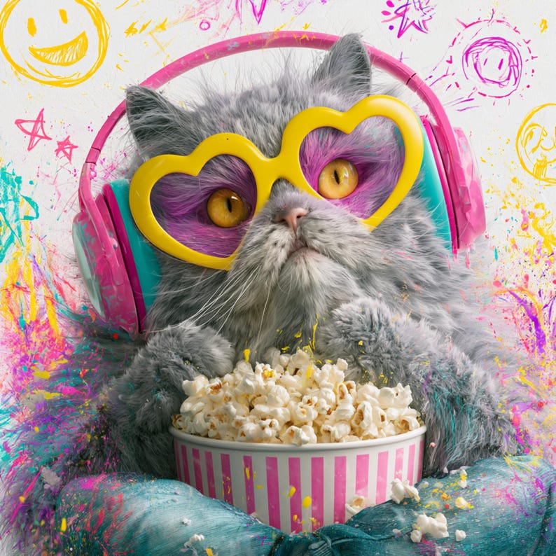 May include: A grey cat wearing yellow heart-shaped glasses and pink headphones, holding a striped popcorn bucket. The image features colourful paint splatters and doodles, creating a playful and artistic vibe.