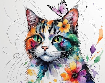 Watercolor Cats Clipart: Abstract Floral Cat Illustrations (Downloadable Images, 30 JPGs)