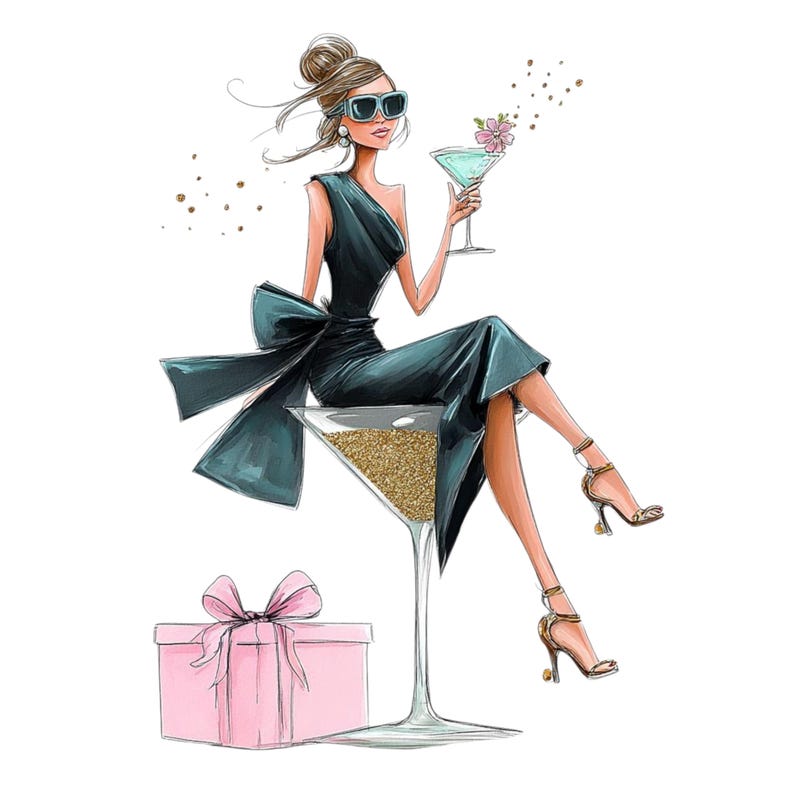 May include: Illustration of a woman in a dark teal dress with a large bow, seated in a martini glass filled with gold glitter. She wears sunglasses and holds a cocktail. A pink gift box with a bow is also present.