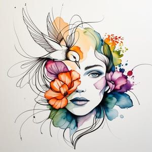 15 Clipart di volti di donne e uccelli floreali – Acquerello astratto colorato, arte di linee delicate, arte stampabile minimalista per la carta