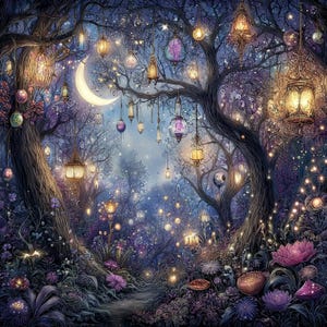 Peut inclure: Illustration numérique d'une forêt mystique nocturne. La scène est remplie de lanternes lumineuses, d'un croissant de lune et d'une flore fantastique dans des tons de violet, de bleu et d'or. L'image évoque l'enchantement et l'émerveillement.