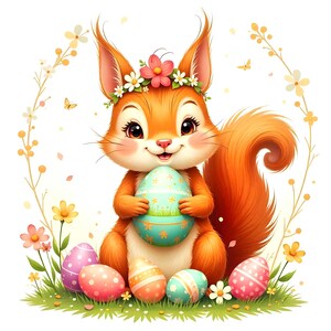 Clipart écureuil de Pâques fantaisiste, 8 fichiers JPG numériques originaux, décoration printanière, téléchargement numérique pour décoration de chambre d'enfant, scrapbooking, impression d'art