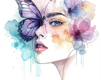 Butterfly Woman Watercolor Clipart , 15 Elegant Female Portrait Illustrations , Whimsical Floral Faces