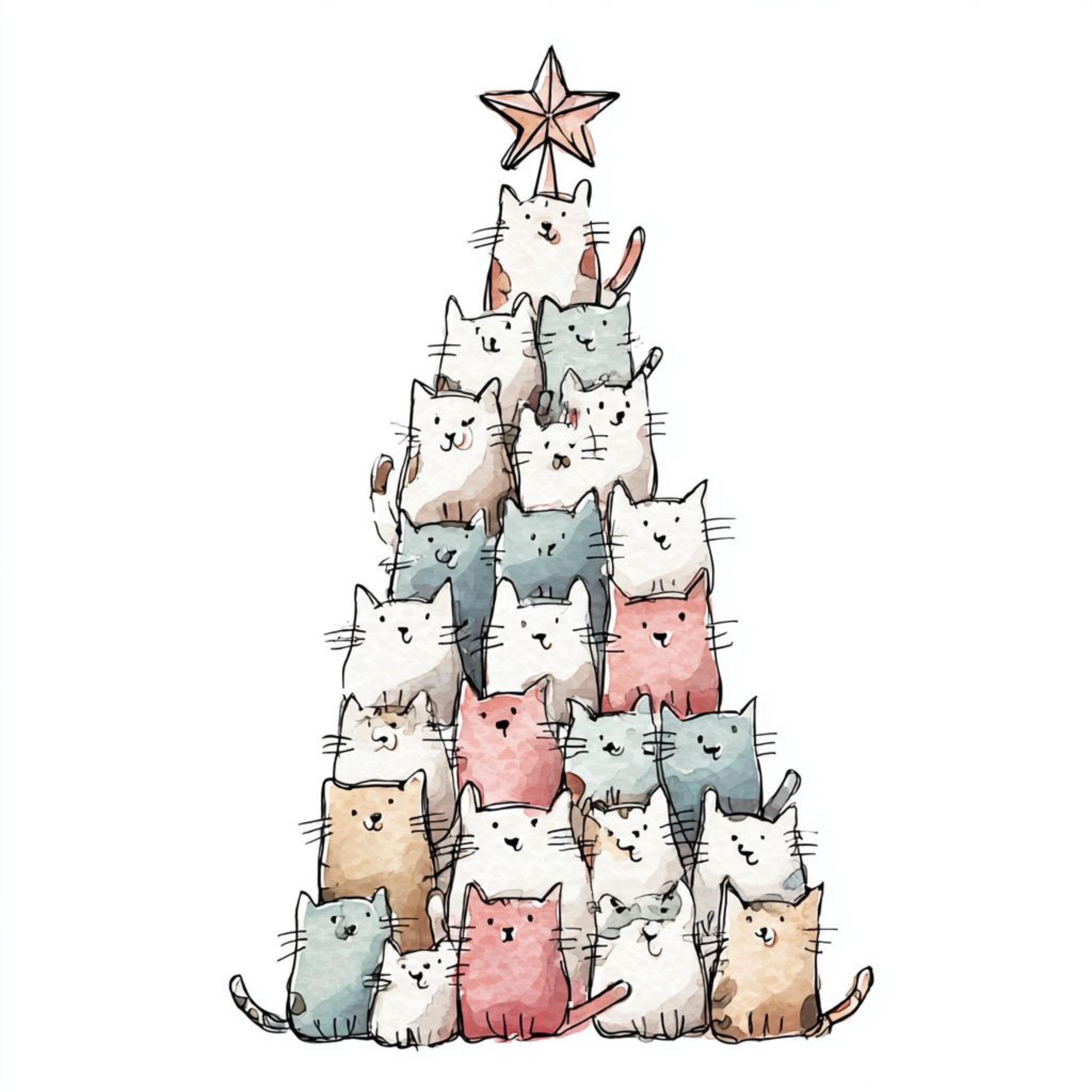 水彩画風クリスマス猫のPNGクリップアート20選：クラフト用の気まぐれ