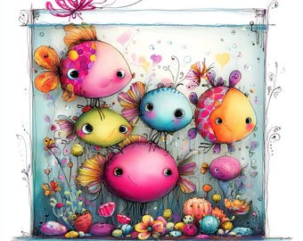 Whimsical Fish Clipart: Colorful Aquarium Art, Fishbowl Illustration (Digital Download)