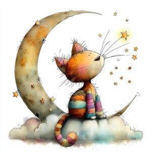 May include: A whimsical illustration of a cat sitting on a cloud, gazing at a star. The cat has orange fur with striped arms and legs. It sits on a crescent moon with stars. The artwork has a soft, watercolor style with a white background.