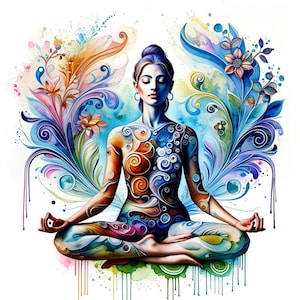 12 artistieke meditatie vrouw clipart – Levendige aquarelafdrukken en kleurplaten voor yoga, kunst aan de muur en digitale doe-het-zelfprojecten voor meisjes