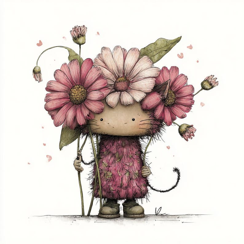 May include: A charming illustration of a cat-like character wearing a daisy crown, with pink and white flowers. The creature is dressed in a pink, textured outfit and holds stems with buds. The artwork has a soft, watercolour style, ideal for children's rooms or nurseries.