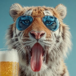 Può includere: Una tigre con pelliccia arancione e nera con occhiali da sole da aviatore blu, con la bocca aperta e la lingua di fuori. Un bicchiere di birra con schiuma in primo piano, su uno sfondo azzurro.