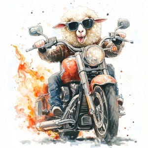 May include: Watercolor illustration of a sheep wearing sunglasses and a brown leather jacket, riding a red motorcycle with flames. The sheep is smiling with its tongue out. The motorcycle has chrome details.