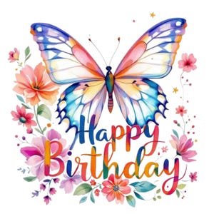 Może przedstawiać: Akwarelowa ilustracja kolorowego motyla z niebieskimi, r&oacute;żowymi i ż&oacute;łtymi skrzydłami. Napis "Happy Birthday" jest napisany tęczowym pismem, otoczony kwiatami i liśćmi. Projekt znajduje się na białym tle.