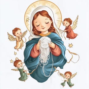 Onze-Lieve-Vrouw die knopen maakt aquarelkunst – 4 Maagd Maria digitale download, katholieke pictogramafdruk, religieuze muurdecoratie, heiligen cadeau voor moeder