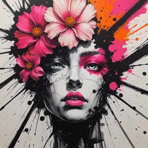 May include: A vibrant portrait of a woman adorned with pink flowers. The artwork showcases a black and white face with pink eye shadow and lips, and black paint splatters. The background is white with black lines radiating outwards.