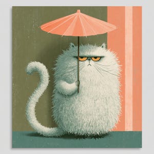 May include: A whimsical illustration of a fluffy white cat holding a small orange parasol. The cat has an annoyed expression and is set against a muted green and peach background. The cat's tail curls to the side.