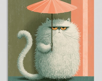 20 Funny Grumpy Cat Prints, Retro Scandinavian Wall Art, Mid Century Modern Feline JPG