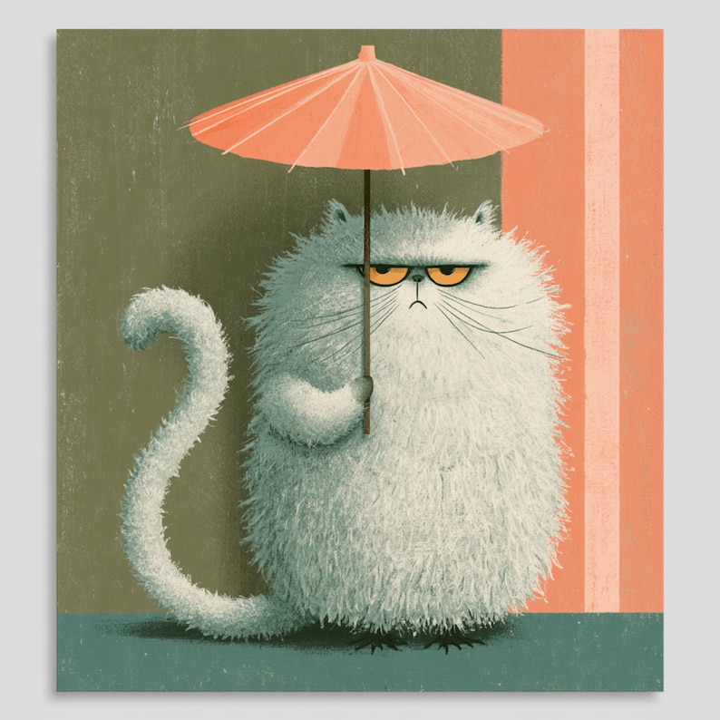 May include: A whimsical illustration of a fluffy white cat holding a small orange parasol. The cat has an annoyed expression and is set against a muted green and peach background. The cat's tail curls to the side.