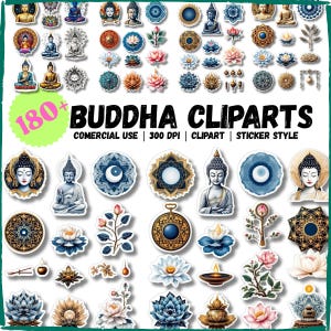 Pacchetto di 180 Clipart di Buddha - Meditazione spirituale, taglio preciso, decorazioni per yoga, adesivi di Buddha e fiore di loto ad acquerello in formato PNG, file digitali,