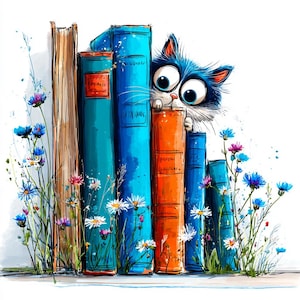 May include: A colourful illustration depicts a stack of books with a curious blue and white cat peeking out. The books are in shades of blue, orange, and brown, with wildflowers in the foreground. The artwork has a charming, storybook feel.