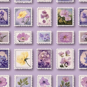 Puede incluir: Patrón de sellos postales vintage con ilustraciones florales en tonos morados, amarillos y rosas. Cada sello tiene un borde blanco y está sobre un fondo lila claro. Los diseños florales varían.