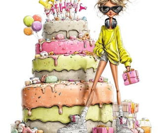 Trendy Birthday Girl Clipart Bundle – Quirky Cake Illustrations (Digital Download)