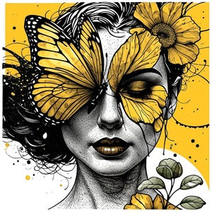 Floral Woman Face Line Art Clipart: Watercolor Style (Digital Download)