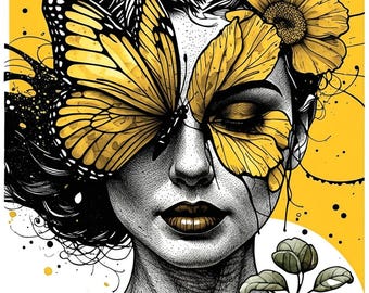 Floral Woman Face Line Art Clipart: Watercolor Style (Digital Download)