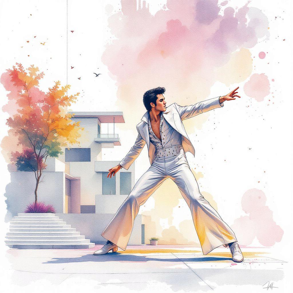 エルヴィス・プレスリーの水彩画アートプリント：レトロミュージック