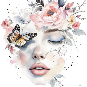 12 Clipart di volto di donna con farfalla floreale – Acquerello astratto colorato, arte di linea delicata, arte stampabile minimalista per la carta