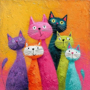 Puede incluir: Una pintura colorida de seis gatos estilizados. Los gatos son de color rosa, morado, naranja, verde y azul, con detalles blancos. El fondo es una mezcla de amarillo, naranja y rosa.