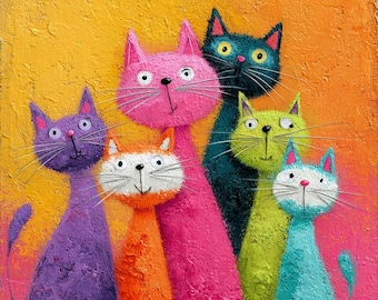 18 Colorful Cat Art Prints JPG: Palette Knife Textured Cats for Printable Wall Decor