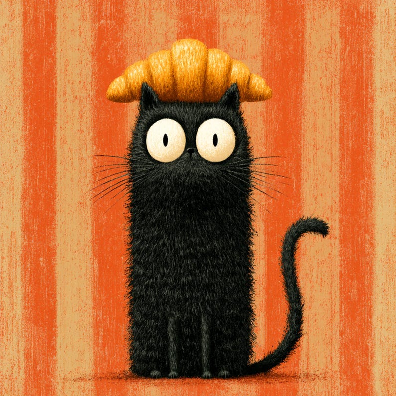 May include: A whimsical illustration of a black cat with large, wide eyes and a croissant on its head. The cat is set against a background of orange and white vertical stripes, creating a playful and charming design.