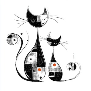 May include: A black and white illustration of two stylized cats with long, teardrop-shaped bodies. The cats have crescent-shaped heads, long whiskers, and orange accents. The design has a mid-century modern aesthetic.