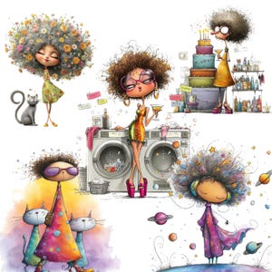May include: Whimsical watercolour illustrations of stylized figures with large, curly hair. One figure wears a dress and stands with a grey cat. Another holds a cocktail near a washing machine. Other figures are near a cake and planets.
