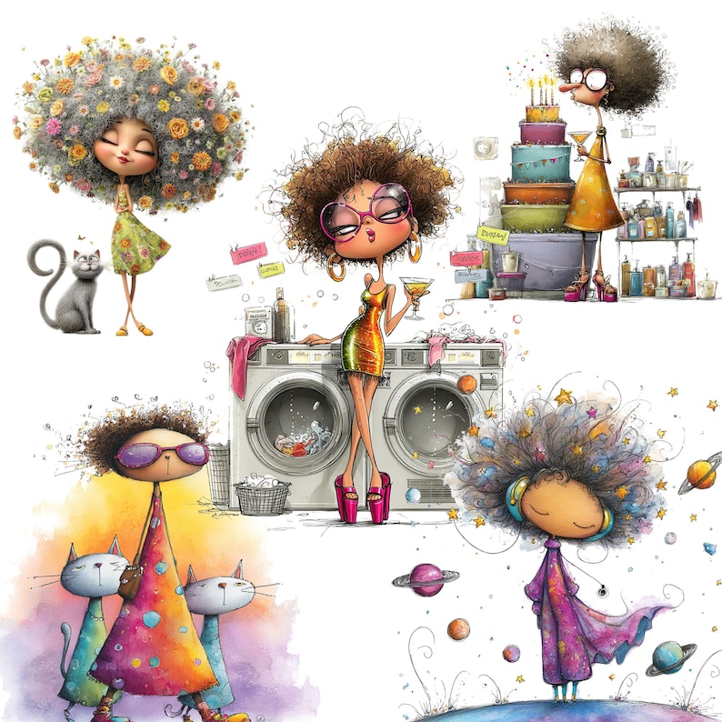 May include: Whimsical watercolour illustrations of stylized figures with large, curly hair. One figure wears a dress and stands with a grey cat. Another holds a cocktail near a washing machine. Other figures are near a cake and planets.