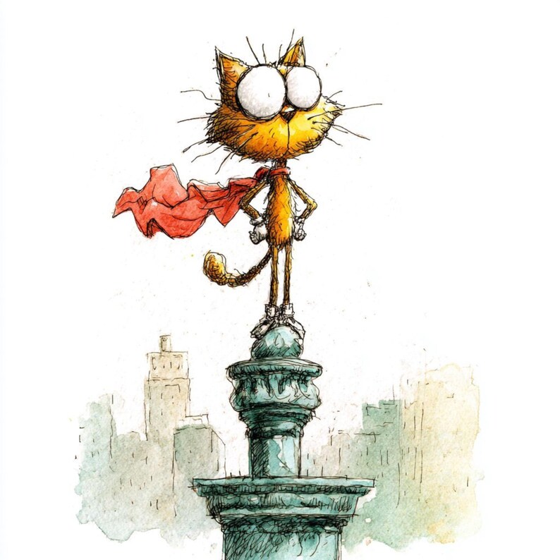 K&ouml;nnte beinhalten: Cartoon-Illustration einer Superheldenkatze mit orangefarbenem Fell, gro&szlig;en wei&szlig;en Augen und einem roten Umhang. Die Katze steht auf einer gr&uuml;nen S&auml;ule mit einer Skyline im Hintergrund. Die Katze hat die H&auml;nde in den H&uuml;ften.