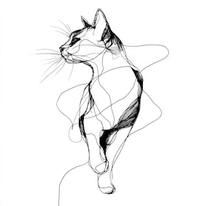 May include: A black and white line drawing of a cat in profile, walking forward. The artwork uses continuous lines to define the cat's form, with shading on the back and tail. The cat has long whiskers and pointed ears.