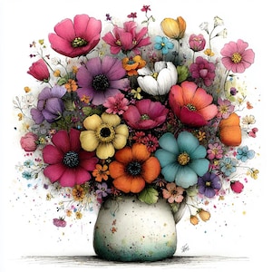 May include: A vibrant watercolor illustration of a bouquet of colorful flowers in a white vase. The flowers include pink, purple, orange, yellow, and blue blooms, with green foliage. The vase has a speckled design.