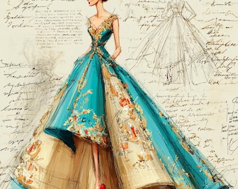18 Watercolor Fashion Girl Clipart (JPG) : Couture Dress Sketches for Designers & Print Projects