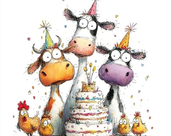 22 Happy Birthday Cow Clipart (JPG) : Quirky Farm Animals for Birthday Decor & Gifts