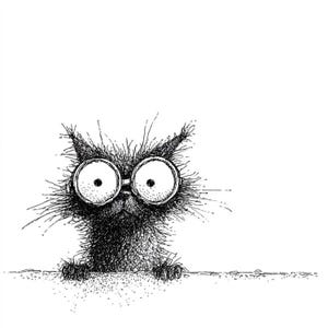 May include: A detailed black and white illustration of a cat wearing large, round spectacles. The cat has a shaggy, textured appearance and is looking over a ledge. The drawing style uses many fine lines to create texture and depth. The cat's eyes are large and expressive.