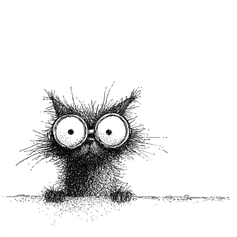 May include: A detailed black and white illustration of a cat wearing large, round spectacles. The cat has a shaggy, textured appearance and is looking over a ledge. The drawing style uses many fine lines to create texture and depth. The cat's eyes are large and expressive.