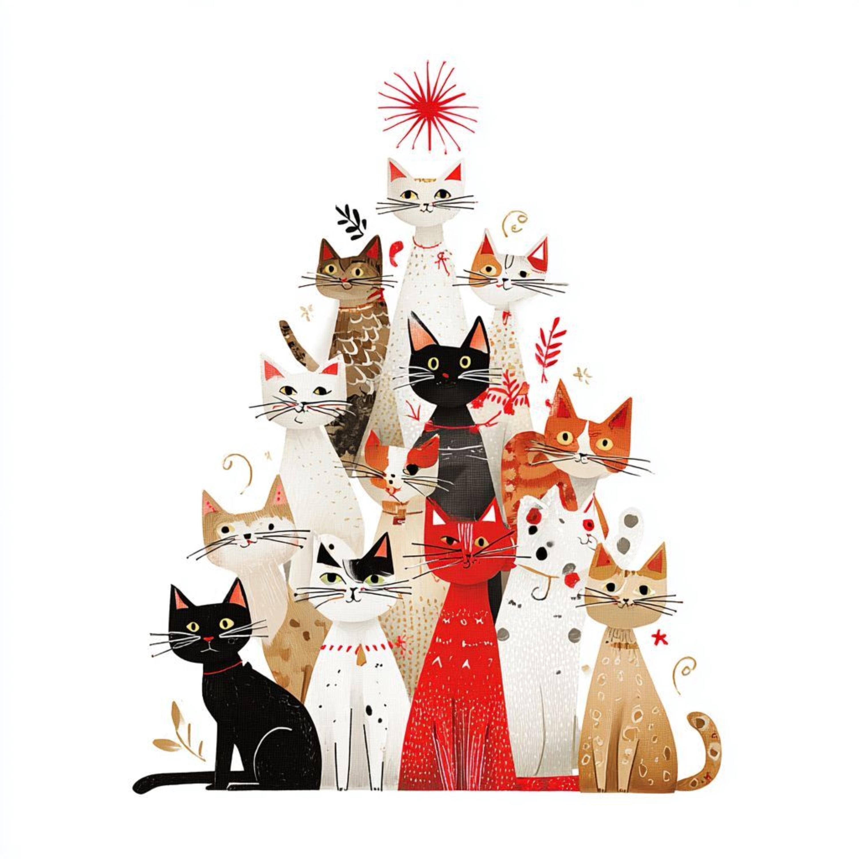 水彩画風クリスマス猫のPNGクリップアート20選：クラフト用の気まぐれ