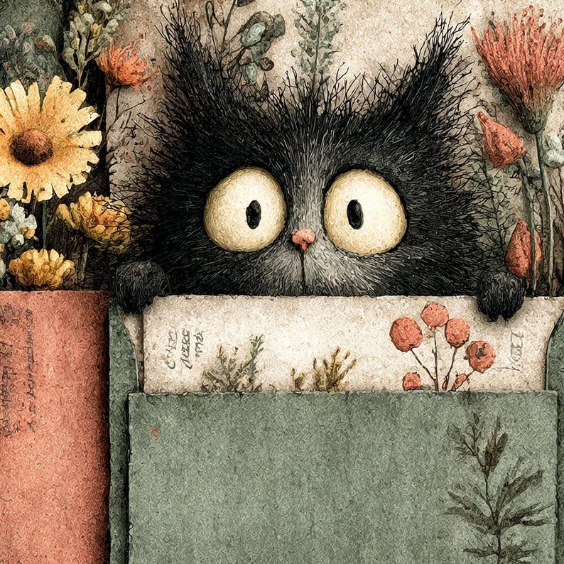May include: An illustration of a black cat with large, wide eyes peeking over a green and tan surface. The cat's fur is textured, and the background features flowers and foliage in shades of orange, yellow, and green.