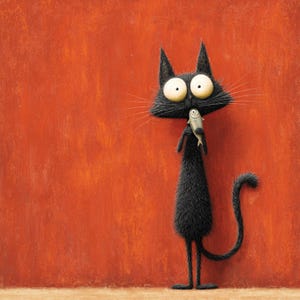 May include: A cartoon-style illustration of a black cat with big eyes, holding a fish. The cat has a long, thin body and a curled tail. The background is a textured, orange-red colour.