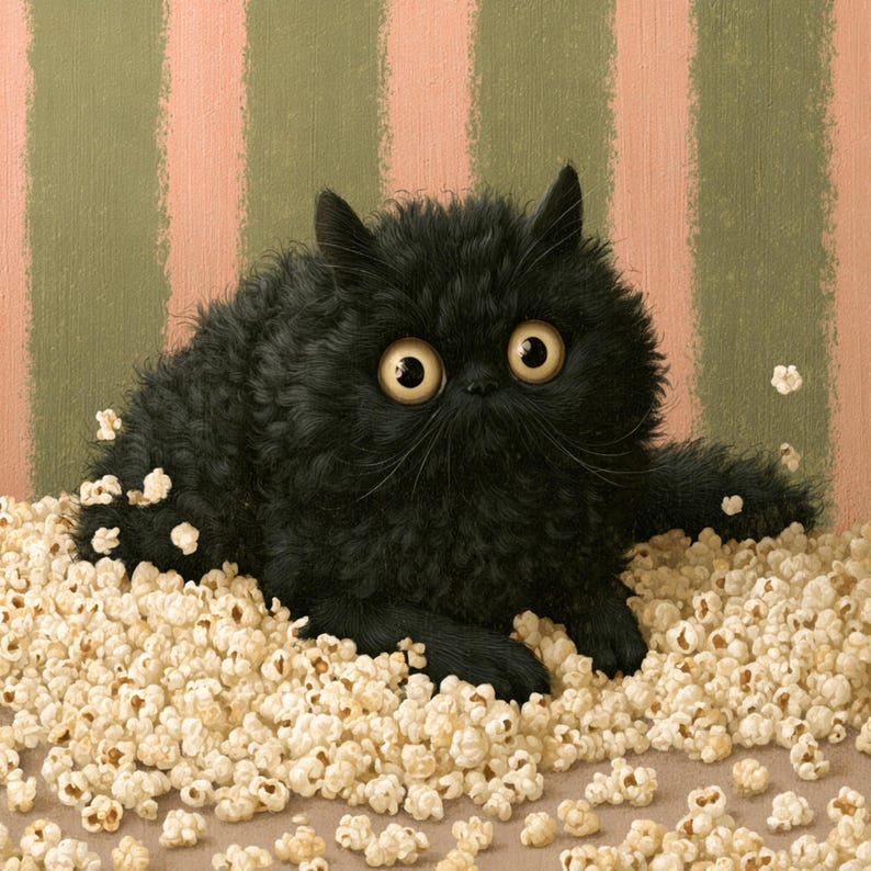 May include: A black cat with large yellow eyes lies in a pile of popcorn. The cat has fluffy fur and long whiskers. The background features vertical stripes of pink and green.